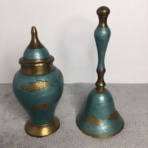Vintage Cloisonne Brass Enamel Jar And Handbell Fish Shells‎